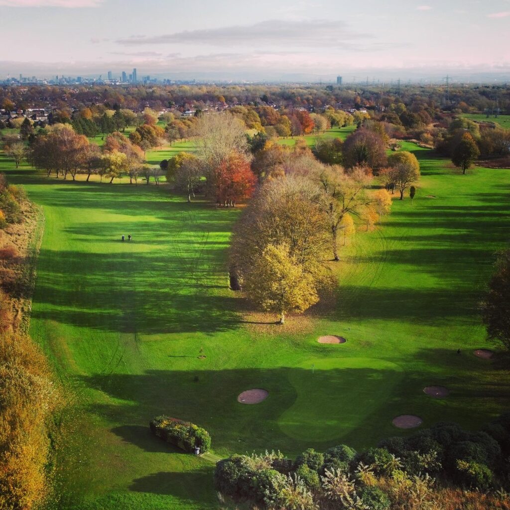 Flixton Golf Course Drone Shot from 37metres above (and behind) the 9th Tee Autumn 2021 - Lunchtime