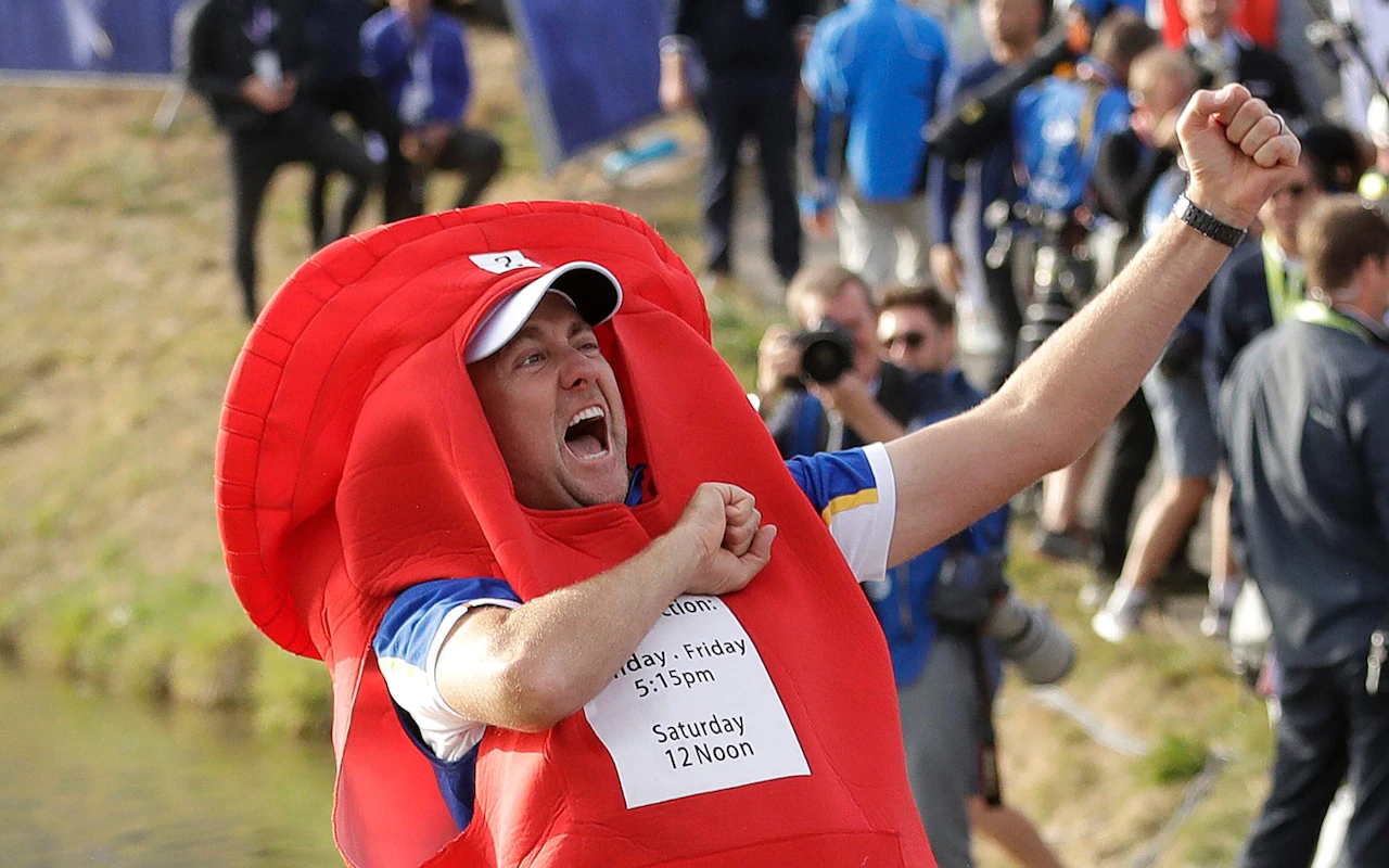 Ian Poulter's Autobiography - The Postman, pictured with his famous fist pumping Ryder Cup celebration