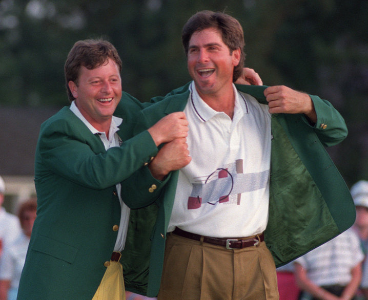 Fred Couples receives Green Jacket from Ian Woosnam in 1992