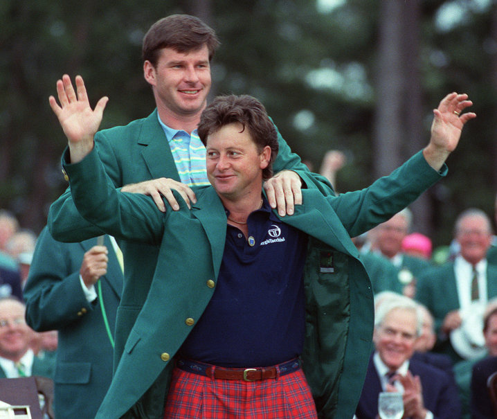 Ian Woosnam pictured receiving the Green Jacket from Nick Faldo after winning The Masters in 1991.
