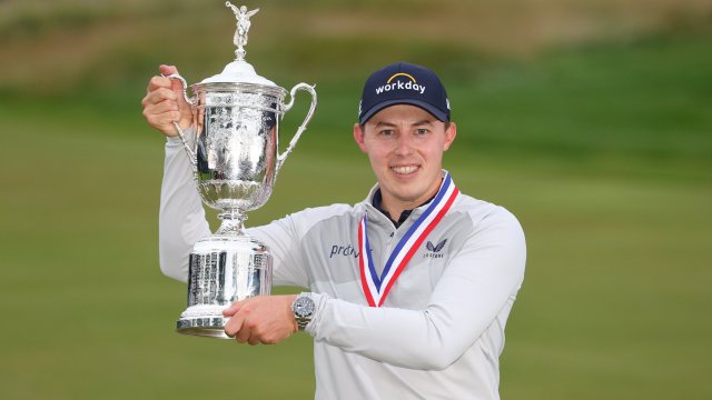 Matt Fitzpatrick holding aloft the US Open Golf Trophy after his 2022 win