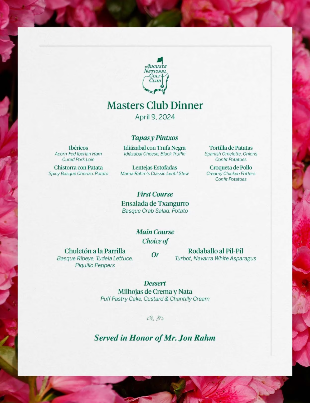 2024 Masters Club Dinner Menu
