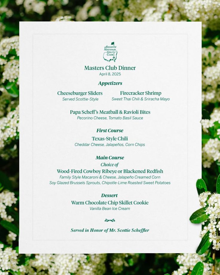 2025 Champions Dinner Menu